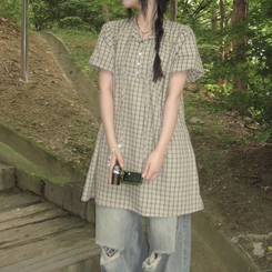 ミニワンピース チェックボタンミニワンピース KHAKI