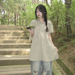 ミニワンピース チェックボタンミニワンピース KHAKI