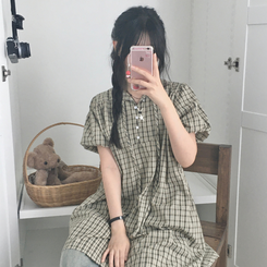 ミニワンピース チェックボタンミニワンピース KHAKI