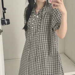 ミニワンピース チェックボタンミニワンピース DARK BLUE