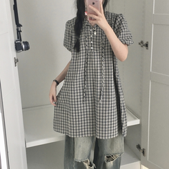 ミニワンピース チェックボタンミニワンピース DARK BLUE