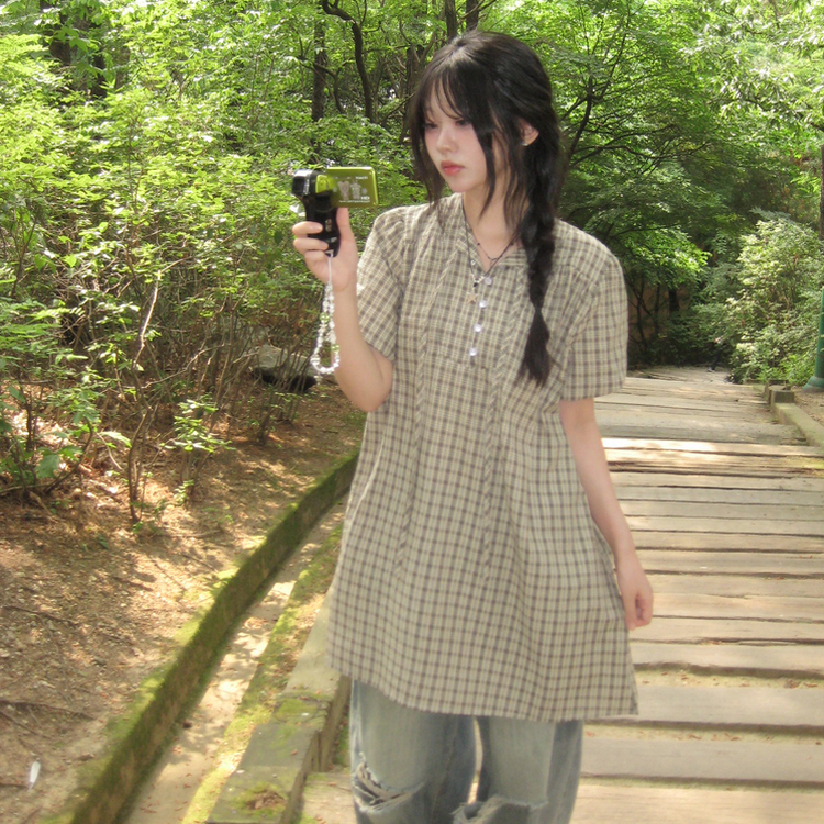 チェックボタンミニワンピース KHAKI