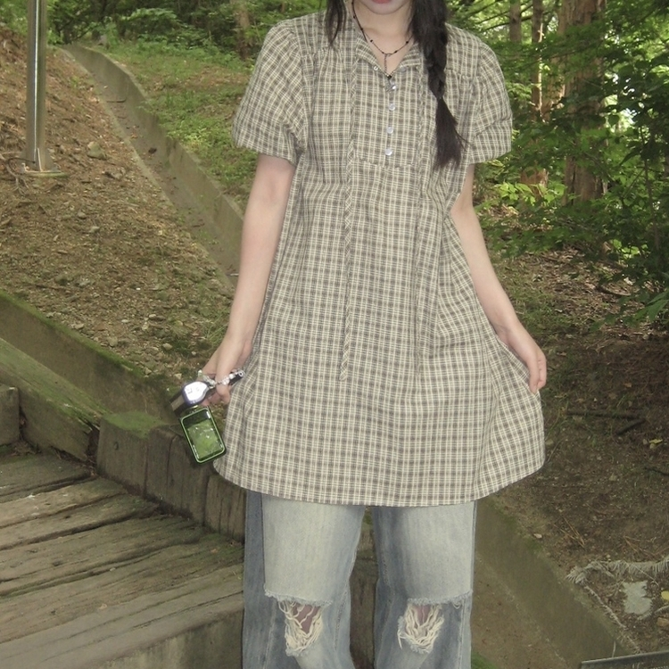 チェックボタンミニワンピース KHAKI