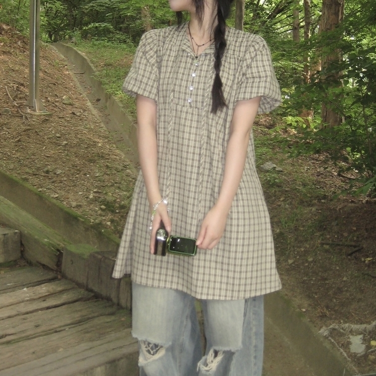 チェックボタンミニワンピース KHAKI