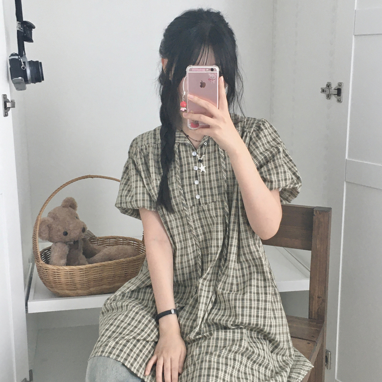 チェックボタンミニワンピース KHAKI