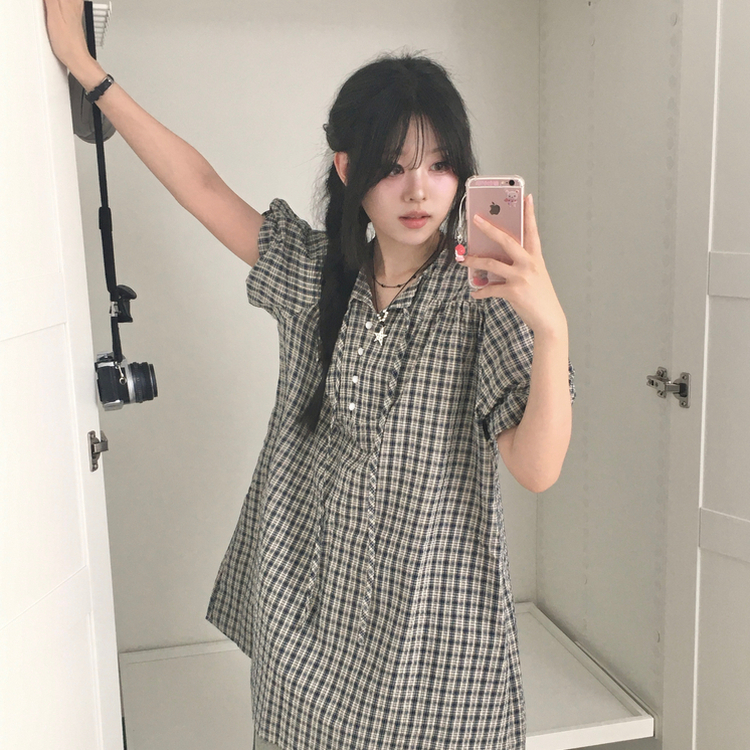ミニワンピース チェックボタンミニワンピース DARK BLUE