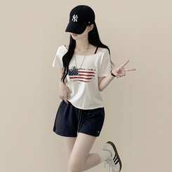 [요즘유행/느좋] 박시핏 성조기 아메리카 빈티지 시스루 오프숄더 크롭 반팔티셔츠 화이트