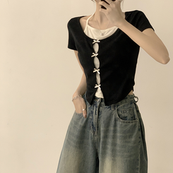 半袖Tシャツ リボンレイヤード半袖Tシャツ BLACK