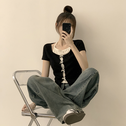 半袖Tシャツ リボンレイヤード半袖Tシャツ BLACK