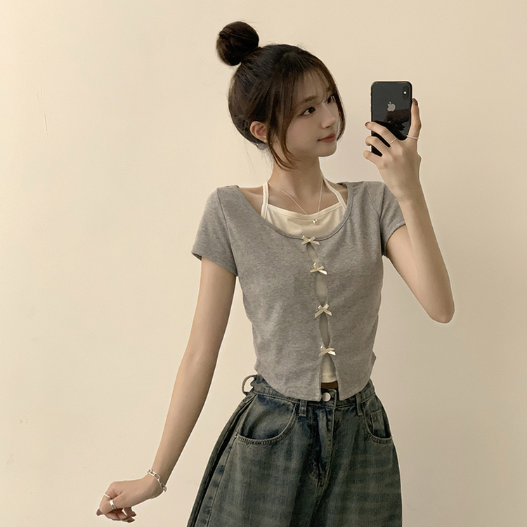 半袖Tシャツ リボンレイヤード半袖Tシャツ GREY