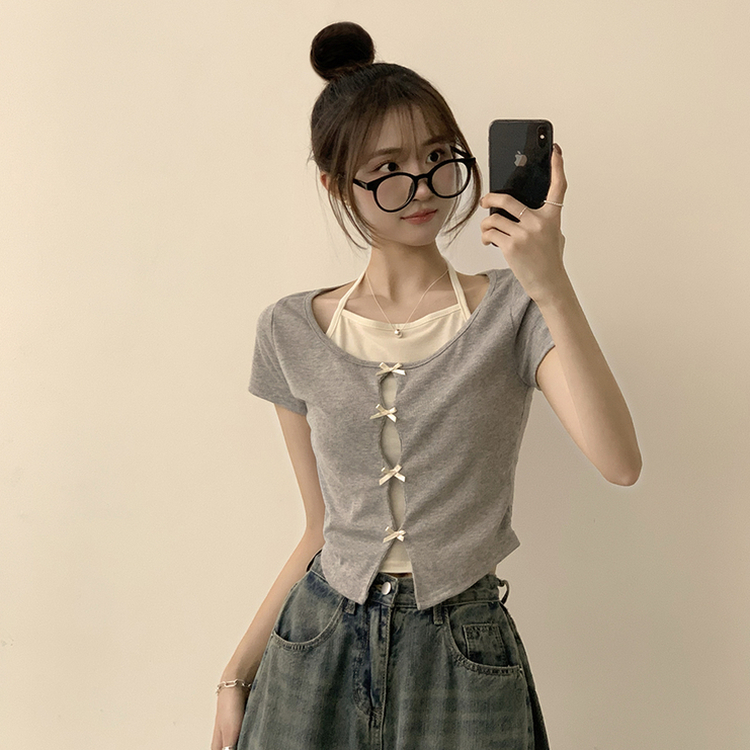 半袖Tシャツ リボンレイヤード半袖Tシャツ GREY