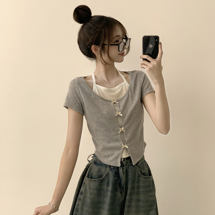 半袖Tシャツ リボンレイヤード半袖Tシャツ GREY