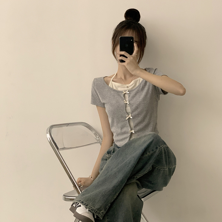 リボンレイヤード半袖Tシャツ GREY