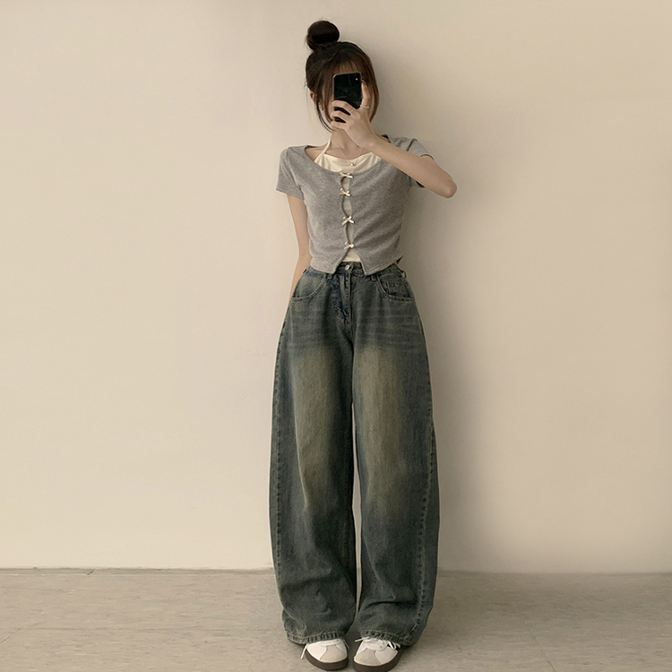 リボンレイヤード半袖Tシャツ GREY