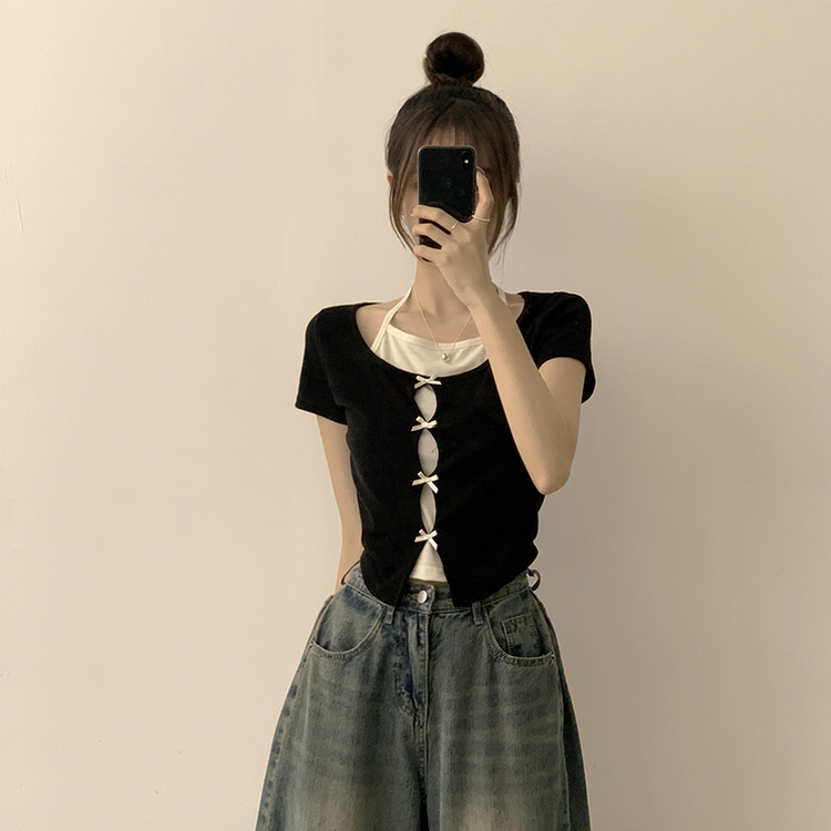 リボンレイヤード半袖Tシャツ BLACK