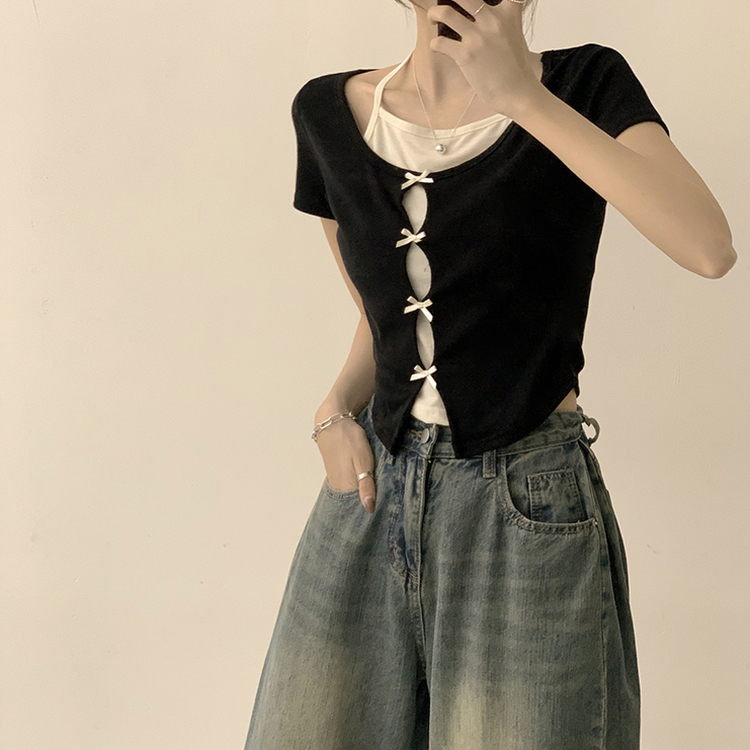 リボンレイヤード半袖Tシャツ BLACK