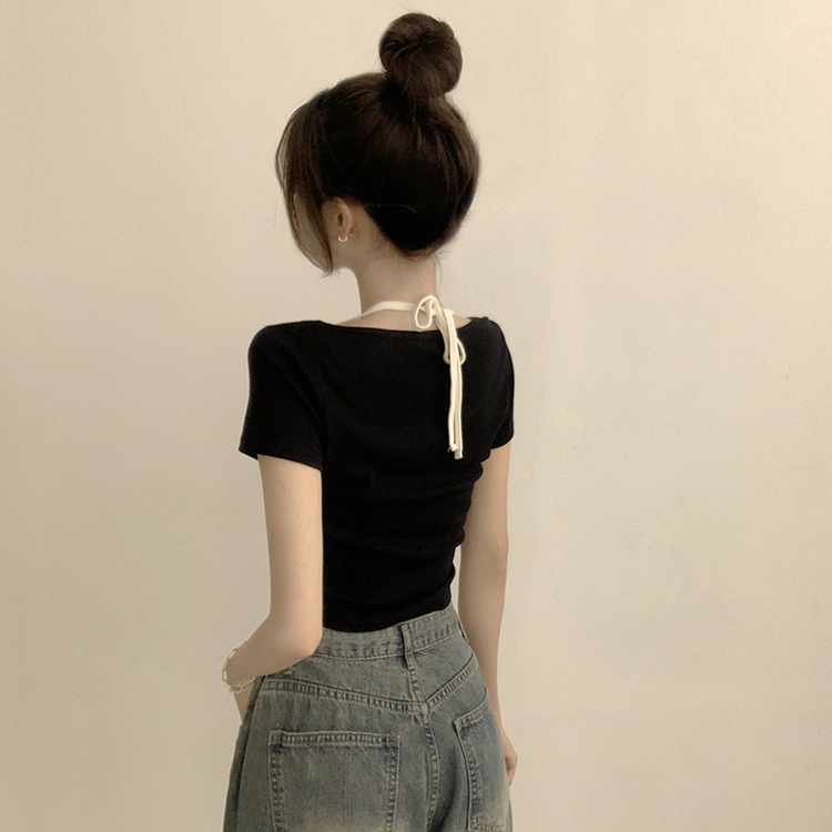 リボンレイヤード半袖Tシャツ BLACK