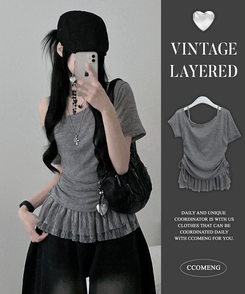 半袖Tシャツ 【SET】ワンショルダーシースルーシ半袖ニット フリルワンピース LIGHT BEIGE