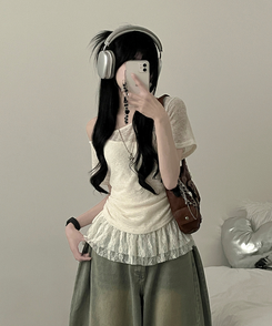 半袖Tシャツ 【SET】ワンショルダーシースルーシ半袖ニット フリルワンピース LIGHT BEIGE