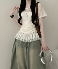 半袖Tシャツ 【SET】ワンショルダーシースルーシ半袖ニット フリルワンピース LIGHT BEIGE