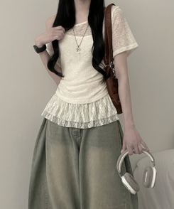 半袖Tシャツ 【SET】ワンショルダーシースルーシ半袖ニット フリルワンピース LIGHT BEIGE
