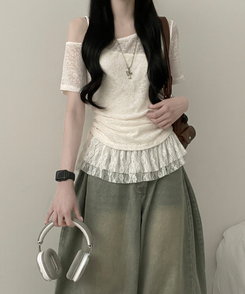 半袖Tシャツ 【SET】ワンショルダーシースルーシ半袖ニット フリルワンピース LIGHT BEIGE