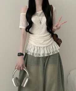 半袖Tシャツ 【SET】ワンショルダーシースルーシ半袖ニット フリルワンピース LIGHT BEIGE