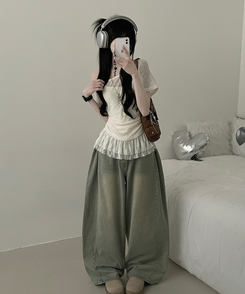 半袖Tシャツ 【SET】ワンショルダーシースルーシ半袖ニット フリルワンピース LIGHT BEIGE