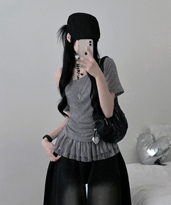 半袖Tシャツ 【SET】ワンショルダーシースルーシ半袖ニット フリルワンピース GREY