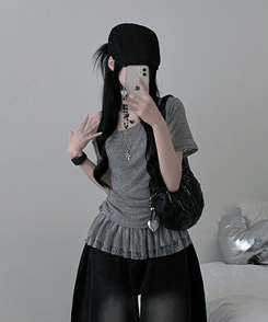 半袖Tシャツ 【SET】ワンショルダーシースルーシ半袖ニット フリルワンピース GREY