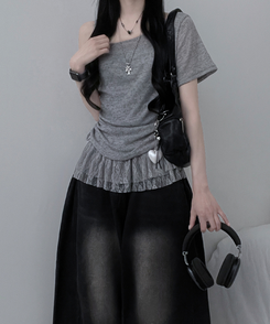 半袖Tシャツ 【SET】ワンショルダーシースルーシ半袖ニット フリルワンピース GREY