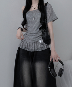 半袖Tシャツ 【SET】ワンショルダーシースルーシ半袖ニット フリルワンピース GREY