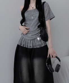 半袖Tシャツ 【SET】ワンショルダーシースルーシ半袖ニット フリルワンピース GREY