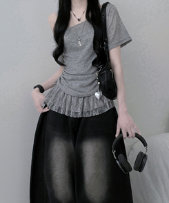 半袖Tシャツ 【SET】ワンショルダーシースルーシ半袖ニット フリルワンピース GREY