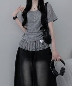 半袖Tシャツ 【SET】ワンショルダーシースルーシ半袖ニット フリルワンピース GREY