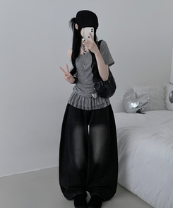 半袖Tシャツ 【SET】ワンショルダーシースルーシ半袖ニット フリルワンピース GREY