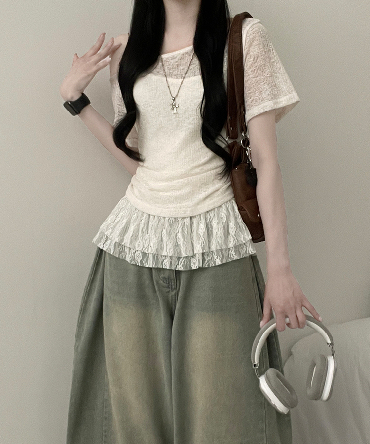 【SET】ワンショルダーシースルーシ半袖ニット フリルワンピース LIGHT BEIGE