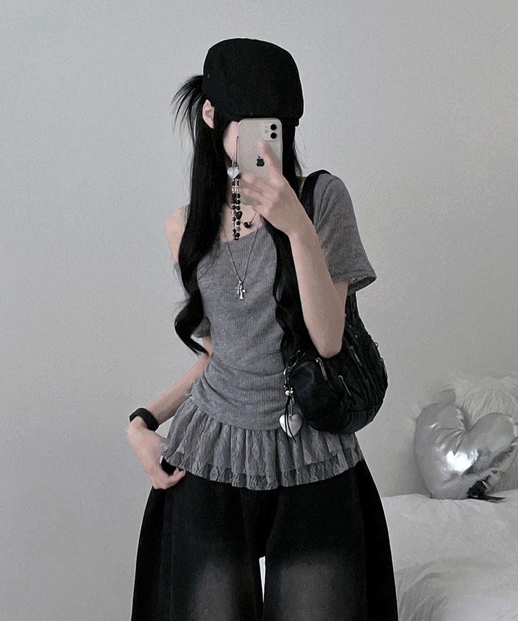 【SET】ワンショルダーシースルーシ半袖ニット フリルワンピース GREY