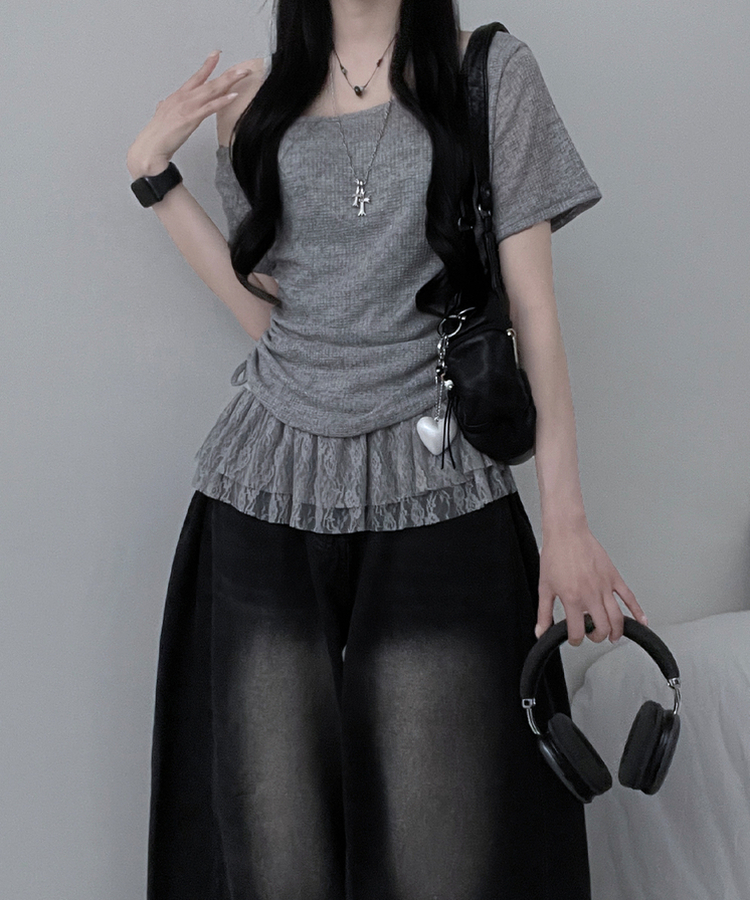 【SET】ワンショルダーシースルーシ半袖ニット フリルワンピース GREY