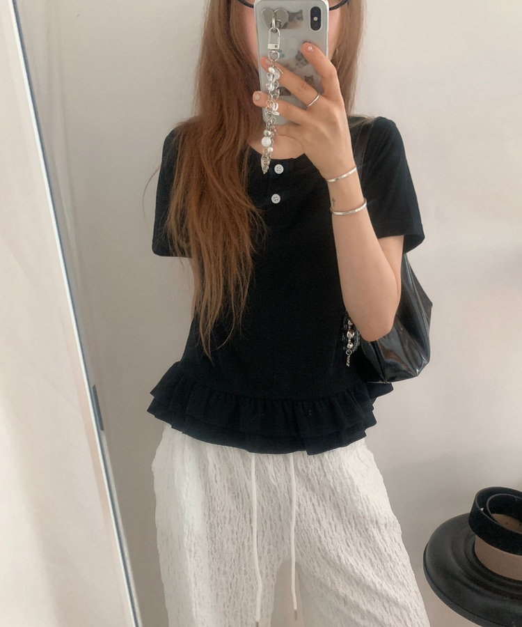 フリルベーシック半袖Tシャツ BLACK