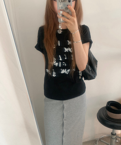 半袖Tシャツ レタリングラウンド半袖Tシャツ BLACK
