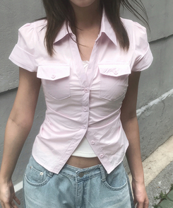シャツ ツーポケットスリムクロップ半袖シャツ PINK