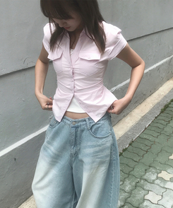 シャツ ツーポケットスリムクロップ半袖シャツ PINK