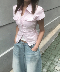 シャツ ツーポケットスリムクロップ半袖シャツ PINK