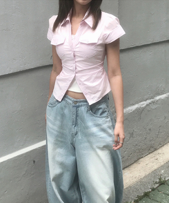 シャツ ツーポケットスリムクロップ半袖シャツ PINK