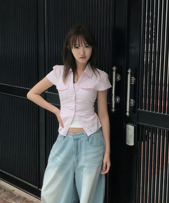 シャツ ツーポケットスリムクロップ半袖シャツ PINK