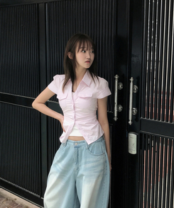 シャツ ツーポケットスリムクロップ半袖シャツ PINK