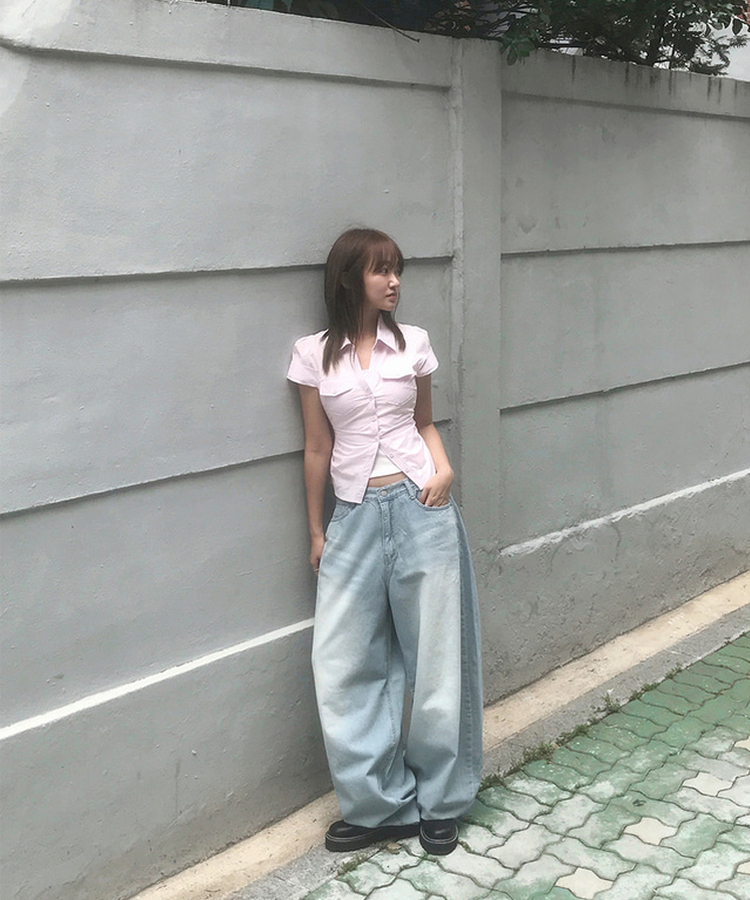 ツーポケットスリムクロップ半袖シャツ PINK