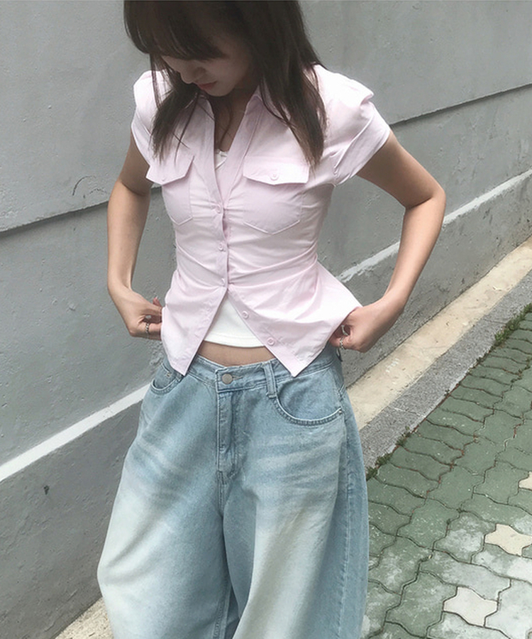 ツーポケットスリムクロップ半袖シャツ PINK
