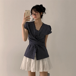 チェックラップリボン半袖ブラウス NAVY